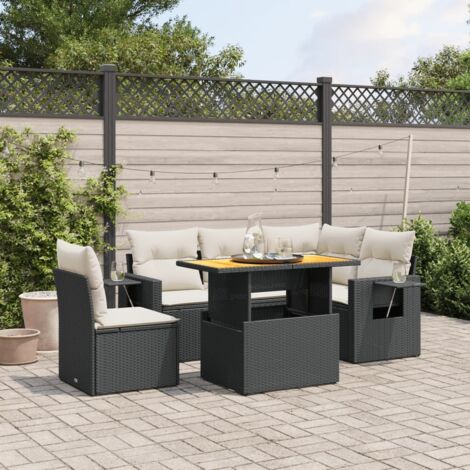 Ensemble Salon Jardin 6 Places Noir Résine Tressée avec Table Réglable et Coussins Crème - Meuble Extérieur Modulaire (1/3)