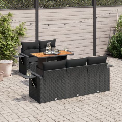 Ensemble Salon Jardin 6 Places Noir Résine Tressée avec Coussins - Table Réglable et Rangement Intégré (1/5)