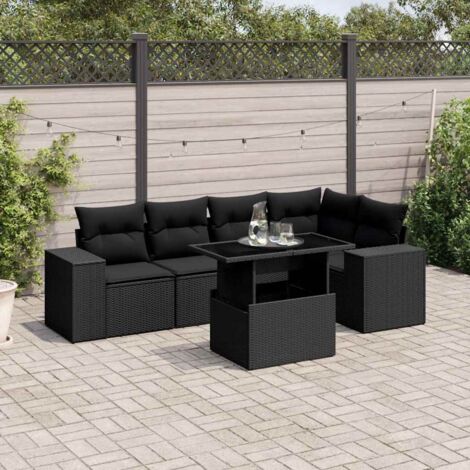 Ensemble Salon Jardin 6 Places Noir Résine Tressée - Canapé d'Angle Modulable avec Table Réglable et Coussins Confort (1/5)