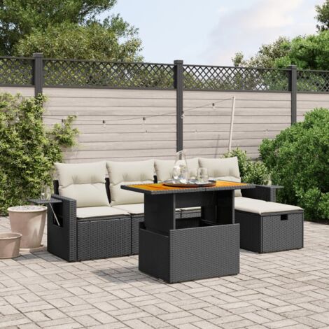 Ensemble Salon Jardin 6 Places Noir Résine Tressée avec Coussins Crème - Table Réglable et Mobilier d'Extérieur Modulaire (1/4)