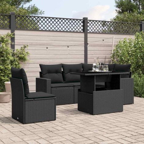 Ensemble Salon Jardin 6 Places Noir Résine Tressée - Canapé d'Angle Modulable avec Table Réglable et Coussins Lavables (1/5)