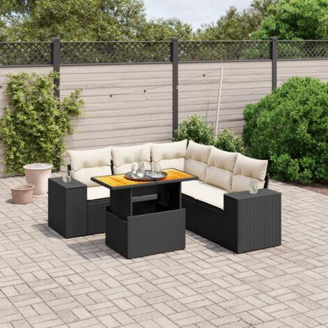 Ensemble Salon Jardin 6 Places Noir Résine Tressée avec Table Réglable et Coussins Crème - Canapé d'Angle, Sièges Modulables (1/3)