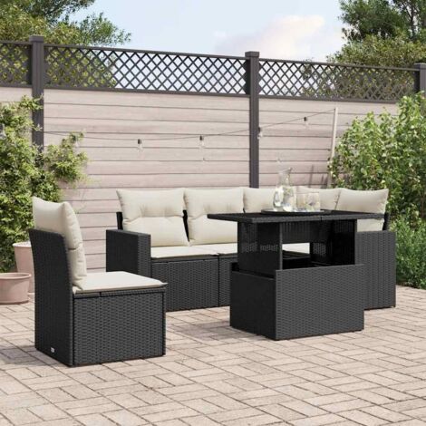Ensemble Salon Jardin 6 Places Noir Résine Tressée avec Table Réglable et Coussins Crème - Meuble Extérieur Modulaire (1/5)