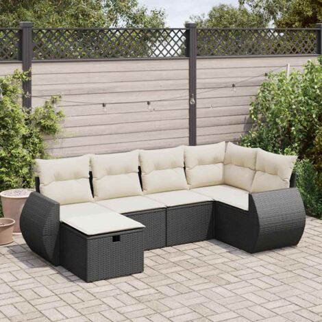 Ensemble Salon Jardin 6 Places Noir Résine Tressée avec Coussins Crème - Mobilier Extérieur Modulaire avec Rangement Intégré (1/5)