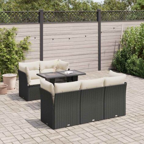 Ensemble Salon Jardin 6 Places Noir Résine Tressée avec Coussins Crème - Table Réglable et Rangement Intégré (1/5)