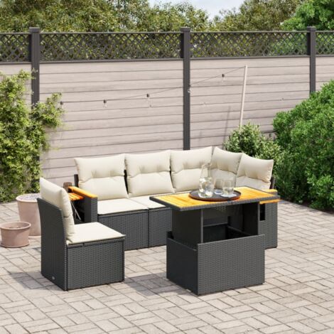 Ensemble Salon Jardin 6 Places Noir Résine Tressée avec Coussins Crème - Table Réglable et Accoudoirs Acacia (1/3)