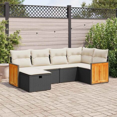 Ensemble Jardin 6 Places Noir Résine Tressée avec Coussins Crème - Salon Extérieur Modulable avec Rangement et Accoudoirs (1/5)