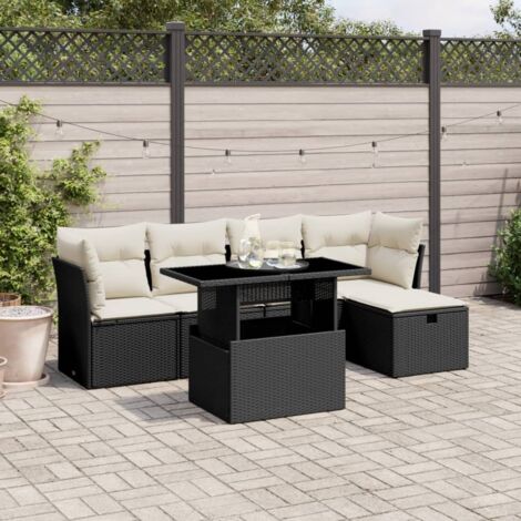 Ensemble jardin 6 places résine tressée noir avec coussins crème - Table réglable et repose-pieds inclus (1/5)