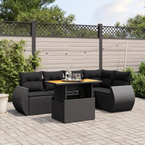 Ensemble Salon Jardin 6 Places Noir Résine Tressée avec Coussins - Table Réglable Hauteur et Mobilier Modulaire Extérieur (1/3)