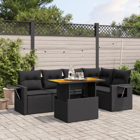 Ensemble Salon Jardin 6 Places Noir Résine Tressée - Canapé d'Angle Modulable avec Table Acacia et Coussins Détachables (1/3)
