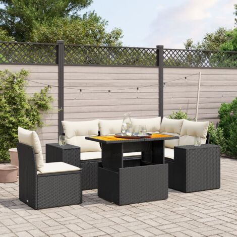 Ensemble Salon Jardin 6 Places Noir Résine Tressée avec Table Acacia et Coussins Crème - Meuble Extérieur Modulaire Design (1/3)