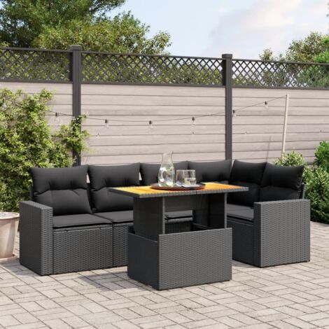 Ensemble de jardin 6 places en résine tressée noir avec table extensible et coussins lavables (1/3)