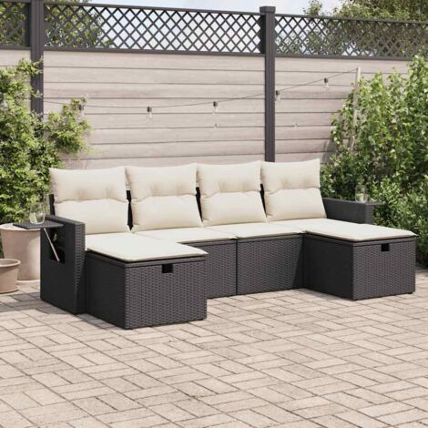 Ensemble Salon Jardin 6 Places Noir Résine Tressée avec Coussins Crème - Canapé Modulaire avec Rangement et Housse Lavable (1/5)