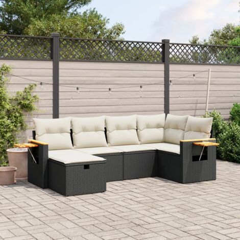 Ensemble Salon Jardin 6 Places Noir Résine Tressée avec Coussins Crème - Meuble Extérieur Modulaire (1/4)
