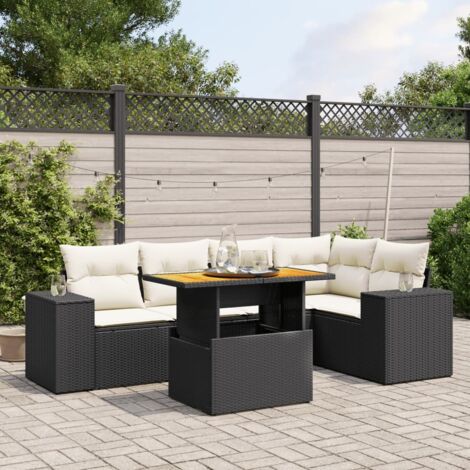 Ensemble Salon Jardin 6 Places Noir Résine Tressée avec Coussins Crème - Table Réglable et Modulaire (1/3)