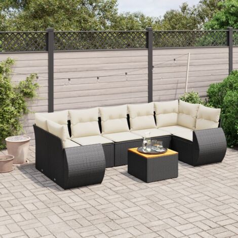 Ensemble de jardin 8 places en résine tressée noire avec coussins crème - Salon d'extérieur modulaire avec table en acacia (1/5)