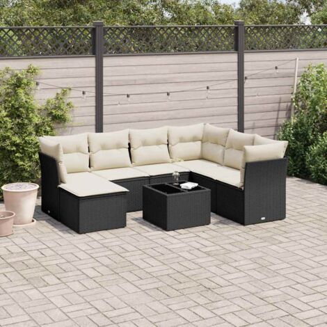 Ensemble Salon Jardin 8 Places Noir Résine Tressée avec Table Verre Trempé et Coussins Crème - Mobilier Extérieur Modulaire avec Rangement Intégré (1/3)