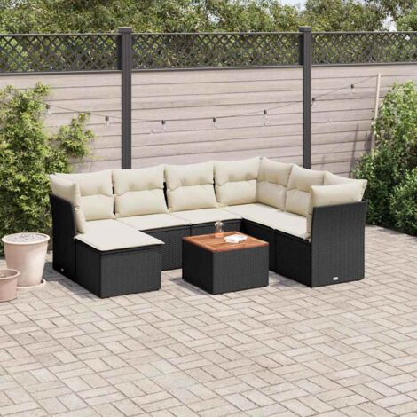 Ensemble Salon Jardin 8 Places Noir Résine Tressée avec Table Acacia et Coussins Crème - Stockage Intégré (1/5)