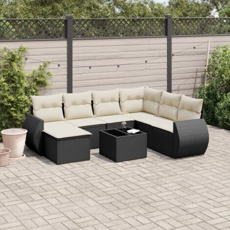 Salon de Jardin 8 Places Noir Résine Tressée avec Table Verre Trempé et Coussins Détachables - Ensemble Modulaire Jardin (1/5)