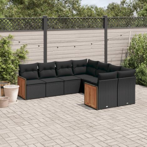 Ensemble jardin 8 places résine tressée noir avec coussins - Salon extérieur modulaire canapé d'angle et central (1/5)