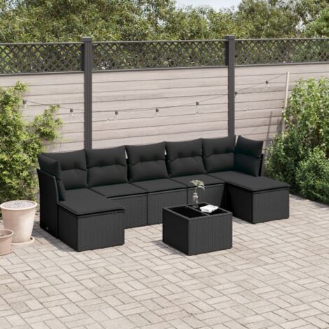 Ensemble Jardin 8 Places Noir Résine Tressée avec Table Verre Trempé et Coussins Lavables - Salon Extérieur Modulaire avec Rangement (1/3)