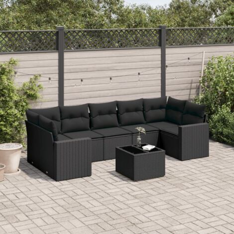 Ensemble de Jardin 8 Places en Résine Tressée Noire avec Table Verre Trempé et Coussins Détachables - Salon Extérieur Modulaire (1/3)