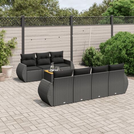 Salon de Jardin 8 Places Noir Résine Tressée avec Table Acacia et Coussins Détachables - Ensemble Modulaire Extérieur (1/5)