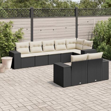 Ensemble Salon Jardin 8 Places Noir Résine Tressée avec Coussins Crème - Mobilier Extérieur Modulaire (1/5)