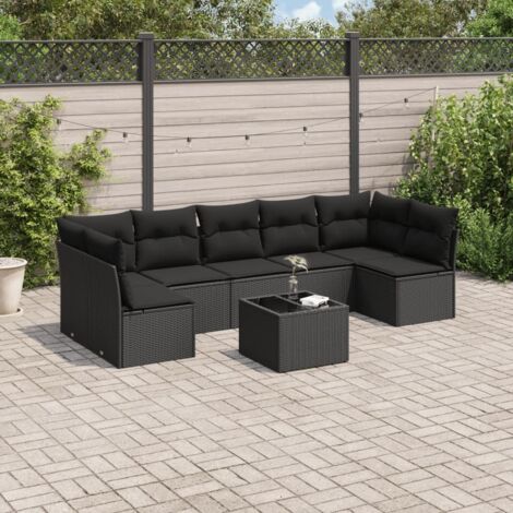 Ensemble jardin 8 places résine tressée noir avec table verre et rangement - Salon d'extérieur modulaire 7 coussins (1/3)