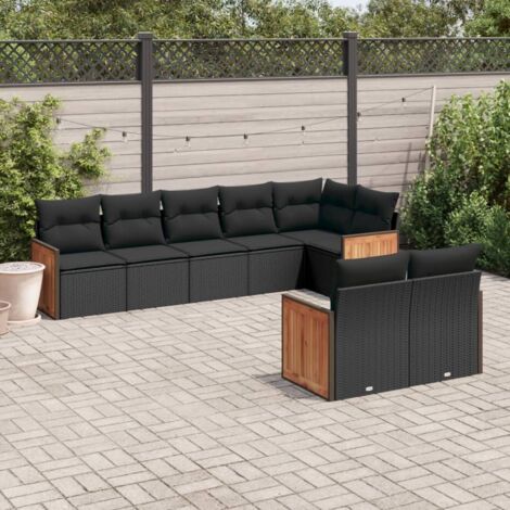 Ensemble Salon Jardin 8 Places Noir Résine Tressée avec Coussins - Canapé d'Angle, Siège Central et Accoudoirs - Mobilier Extérieur Modulaire (1/5)