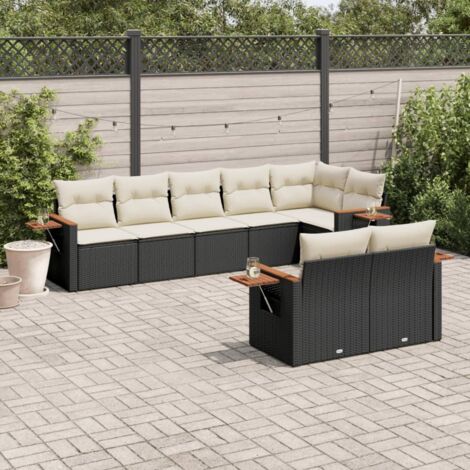 Ensemble Salon Jardin 8 Places Noir Résine Tressée avec Coussins Crème - Meuble Extérieur Modulaire Table Accoudoir Inté (1/5)