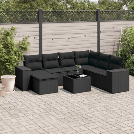 Salon de Jardin 8 Places Noir Résine Tressée avec Table Verre Trempé et Coussins Lavables - Ensemble Modulaire Jardin (1/5)