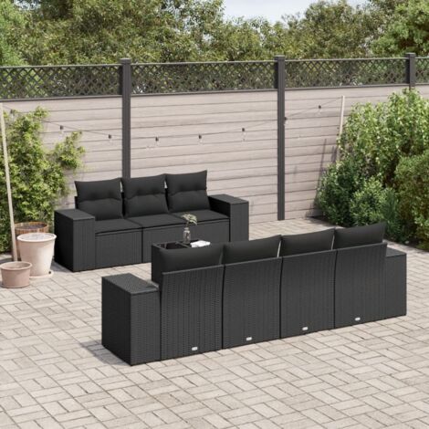 Ensemble Salon Jardin 8 Places Noir Résine Tressée avec Table Verre Trempé et Coussins Détachables (1/5)