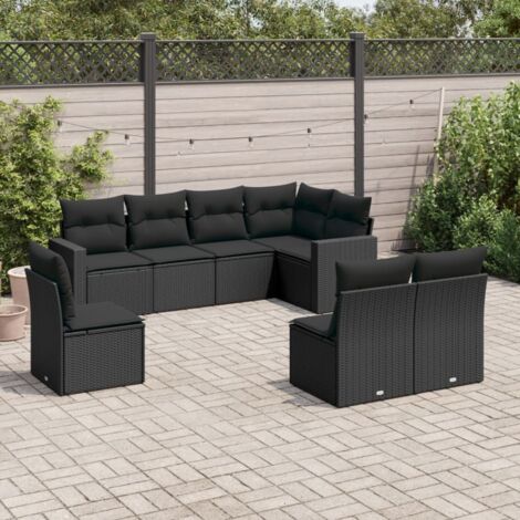 Ensemble Salon Jardin 8 Places Noir Résine Tressée avec Coussins - Canapé d'Angle Modulaire (1/3)