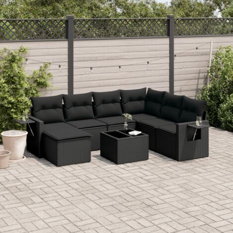 Ensemble Jardin 8 Places Noir Résine Tressée avec Table Verre Trempé et Coussins Confort (1/5)