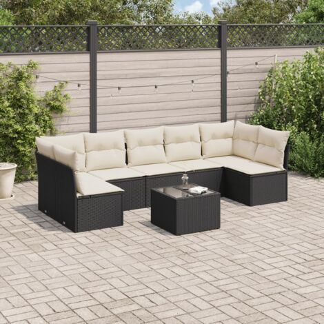 Canapé d'extérieur 8 places en résine tressée noire avec coussins crème et table en verre - Ensemble salon jardin modulaire avec rangement (1/3)