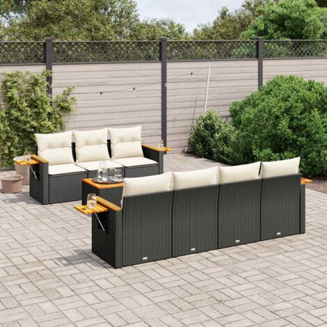 Ensemble Salon Jardin 8 Places Noir Résine Tressée avec Coussins Crème - Canapé Modulaire avec Table Acacia (1/5)