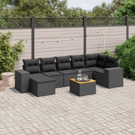 Ensemble Jardin 8 Places Noir Résine Tressée avec Table Acacia et Coussins Détachables - Salon d'Extérieur Modulaire (1/5)