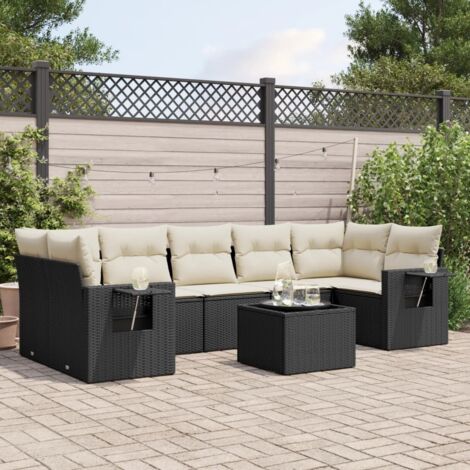 Ensemble Salon Jardin 8 Places Noir Résine Tressée avec Coussins Crème - Meuble Extérieur Modulaire avec Table et Rangement (1/3)