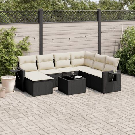 Ensemble Jardin 8 Places Noir Résine Tressée avec Table Verre Trempé et Coussins Crème - Salon Extérieur Modulaire (1/5)