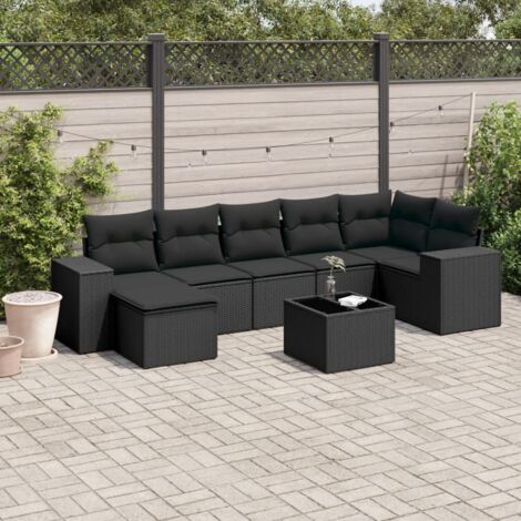 Ensemble Jardin 8 Places Noir Résine Tressée avec Table Verre Trempé et Coussins Détachables (1/5)