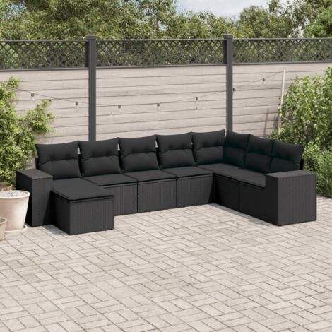 Ensemble Salon Jardin 8 Places Noir Résine Tressée avec Coussins - Canapé d'Angle + Sièges Centraux + Accoudoirs + Repose-Pieds (1/5)