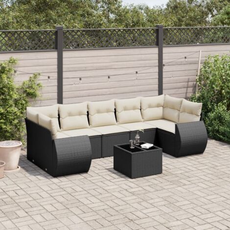 Ensemble Salon Jardin 8 Places Noir Résine Tressée avec Table Verre Trempé et Coussins Crème - Meubles Extérieur Modulaires avec Rangement Intégré (1/3)