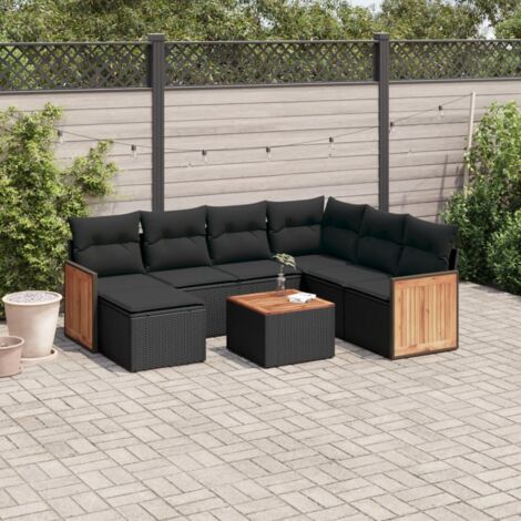 Ensemble de jardin 8 places en résine tressée noire avec coussins - Salon extérieur modulaire avec table et repose-pieds (1/5)