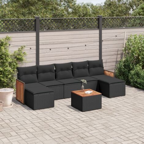 Ensemble Salon Jardin 8 Places Noir Résine Tressée avec Coussins - Table Acacia - Mobilier Extérieur Modulaire (1/5)