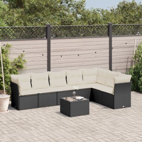 Salon de jardin 8 places en résine tressée noir avec table verre trempé et coussins blanc crème - Ensemble canapé d'angle modulaire pour terrasse (1/3)