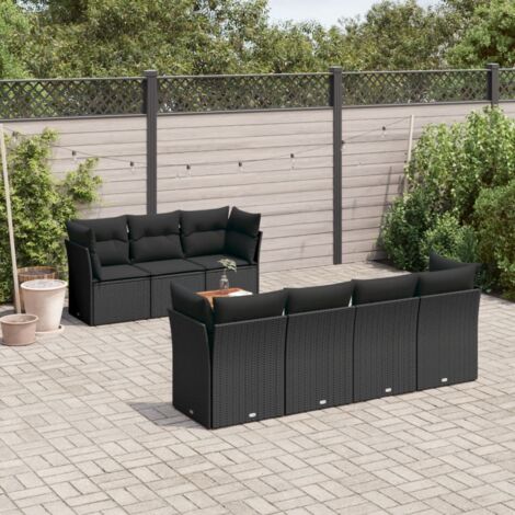 Ensemble jardin 8 places noir résine tressée avec coussins - Salon extérieur modulaire table acacia 7 sièges (1/3)