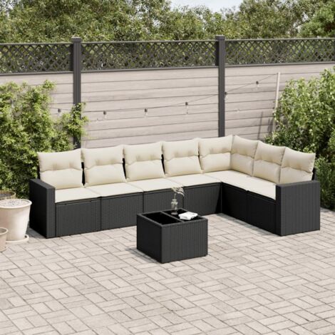 Ensemble de jardin 8 places en résine tressée noire avec coussins crème - Salon extérieur modulaire avec table en verre trempé (1/3)