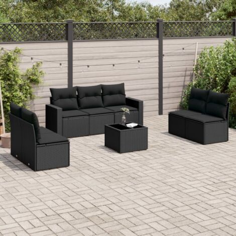 Ensemble Salon Jardin 8 Places Noir Résine Tressée avec Table Verre Trempé et Coussins Amovibles - Stockage Intégré (1/3)