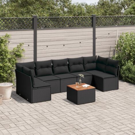 Ensemble Salon Jardin 8 Places Noir Résine Tressée avec Coussins et Table Acacia - Meubles Extérieur Modulaires avec Rangement Intégré (1/5)